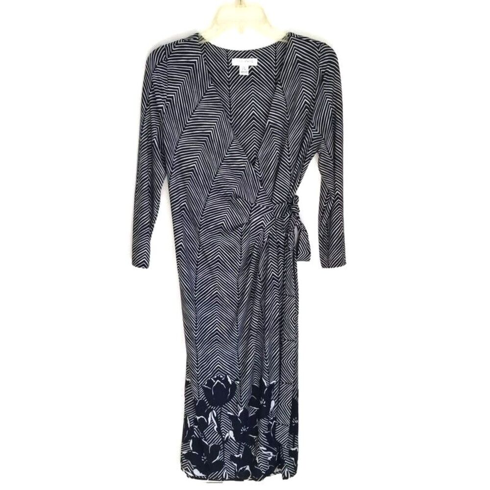 Motherhood Maternity Dress Small Navy & White Waist Tie Surplice Stripe & Floral